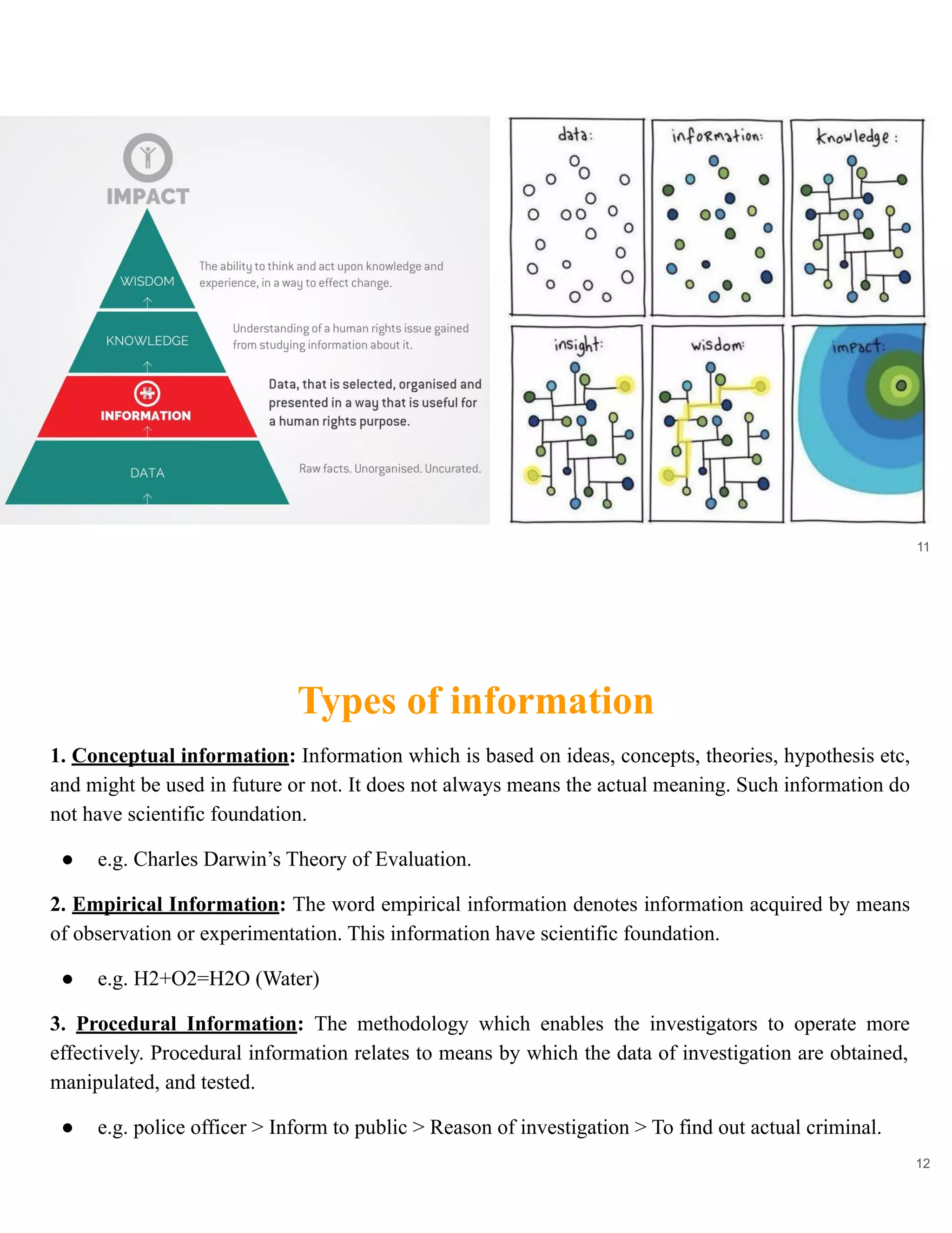11
Types of information
12
1. Conceptual information: Information which is based on ideas, concepts, theories, hypothesis etc,
and might be used in future or not. It does not always means the actual meaning. Such information do
not have scientific foundation.
● e.g. Charles Darwin’s Theory of Evaluation.
2. Empirical Information: The word empirical information denotes information acquired by means
of observation or experimentation. This information have scientific foundation.
● e.g. H2+O2=H2O (Water)
3. Procedural Information: The methodology which enables the investigators to operate more
effectively. Procedural information relates to means by which the data of investigation are obtained,
manipulated, and tested.
● e.g. police officer > Inform to public > Reason of investigation > To find out actual criminal.
 