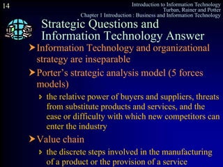 Introduction to Information Technology
Turban, Rainer and Potter
Chapter 1 Introduction : Business and Information Technology
14
Strategic Questions and
Information Technology Answer
Information Technology and organizational
strategy are inseparable
Porter’s strategic analysis model (5 forces
models)
 the relative power of buyers and suppliers, threats
from substitute products and services, and the
ease or difficulty with which new competitors can
enter the industry
Value chain
 the discrete steps involved in the manufacturing
of a product or the provision of a service
 