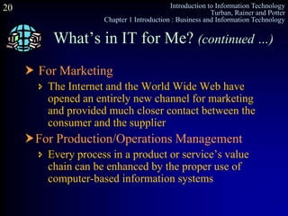 Introduction to Information Technology
Turban, Rainer and Potter
Chapter 1 Introduction : Business and Information Technology
20
What’s in IT for Me? (continued …)
 For Marketing
 The Internet and the World Wide Web have
opened an entirely new channel for marketing
and provided much closer contact between the
consumer and the supplier
For Production/Operations Management
 Every process in a product or service’s value
chain can be enhanced by the proper use of
computer-based information systems
 