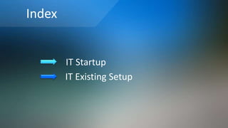 IT Startup
Index
IT Existing Setup
 