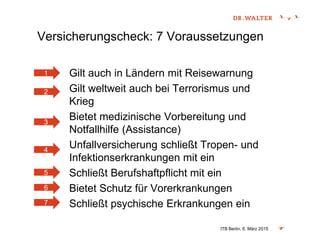 Versicherungscheck: 7 Voraussetzungen
Gilt auch in Ländern mit Reisewarnung
Gilt weltweit auch bei Terrorismus und
Krieg
Bietet medizinische Vorbereitung und
Notfallhilfe (Assistance)
Unfallversicherung schließt Tropen- und
Infektionserkrankungen mit ein
Schließt Berufshaftpflicht mit ein
Bietet Schutz für Vorerkrankungen
Schließt psychische Erkrankungen ein
ITB Berlin, 6. März 2015
1
2
3
4
5
6
7
 