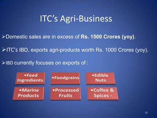 ITC’s Agri-Business
Domestic sales are in excess of Rs. 1500 Crores (yoy).

ITC's IBD, exports agri-products worth Rs. 1000 Crores (yoy).

IBD currently focuses on exports of :




                                                            12
 
