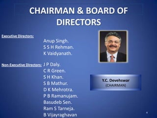 CHAIRMAN & BOARD OF
                      DIRECTORS
Executive Directors:
                           Anup Singh.
                           S S H Rehman.
                           K Vaidyanath.

Non-Executive Directors:   J P Daly.
                           C R Green.
                           S H Khan.
                                             Y.C. Devehswar
                           S B Mathur.        (CHAIRMAN)
                           D K Mehrotra.
                           P B Ramanujam.
                           Basudeb Sen.
                           Ram S Tarneja.
                                                              4
                           B Vijayraghavan
 