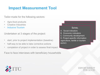 Impact Measurement Tool
Tailor-made for the following sectors:
• Agro-food products
• Creative Industries
• Inclusive Tourism
Undertaken at 3 stages of the project:
• start, prior to project implementation (baseline)
• half-way to be able to take corrective actions
• completion of project in order to assess final impact
Face to face interviews with beneficiary households
Survey
A. Social indicators
B. Economic indicators
C. Community development
D. Project-specific information
(agriculture, textile or tourism
sector)
 