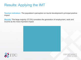 Results: Applying the IMT
Tourism indicators: The population’s perception on tourist development’s principal positive
impact
Results: The large majority (73.3%) considers the generation of employment, work and
income as the most important impact
Population’s perception regarding tourist
development’s principal positive impact
Creation of
employment,
work and
income
74%
Progress &
Development
5%
Courses &
Training
2%
Other
4%
Doesn't
know/No
answer
15%
 