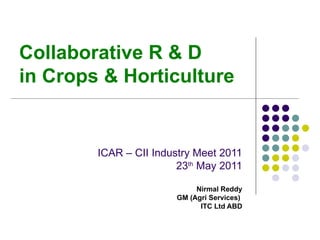 Collaborative R & D in Crops & Horticulture ICAR – CII Industry Meet 2011 23 th  May 2011 Nirmal Reddy GM (Agri Services)  ITC Ltd ABD 