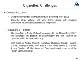 Cigarettes: Challenges
Competitive context
 •   Competition including international majors becoming more active
 •   Domestic illegal volumes still very strong. Along with smuggled
     contraband, has emerged as substantive competition


Regulatory & Taxation
 •   The steep hike in Excise Duty rates announced in the Union Budget 2012
     will exacerbate the problem of discriminatory and high taxation on
     cigarettes within the tobacco industry.

 •   VAT hikes in Andhra Pradesh, Karnataka, Rajasthan, Punjab, Haryana,
     Gujarat, Madhya Pradesh, West Bengal, Tamil Nadu, Jammu & Kashmir,
     Assam, Nagaland, Odisha, Kerala and Goa- threatening the concept of the
     ‘Indian Common Market’


                                                                           21
 