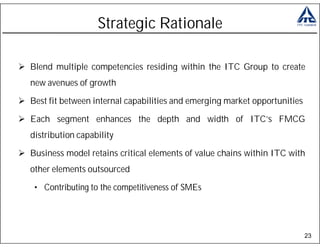 Strategic Rationale

Blend multiple competencies residing within the ITC Group to create
new avenues of growth

Best fit between internal capabilities and emerging market opportunities

Each segment enhances the depth and width of ITC’s FMCG
distribution capability

Business model retains critical elements of value chains within ITC with
other elements outsourced

 • Contributing to the competitiveness of SMEs




                                                                           23
 