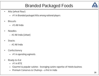 Branded Packaged Foods
•   Atta (wheat flour)
     – #1 in Branded packaged Atta among national players

•   Biscuits
     – #3 All India

•   Noodles
     – #2 All India (Urban)

•   Snacks
     – #2 All India

•   Confectionery
     – #1 in operating segments

•   Ready-to-Eat
     – #1 in RTE
     – Gourmet & popular cuisines - leveraging cuisine expertise of Hotels business
     – Premium Conserves & Chutneys – a first in India
                                                                                      26
 
