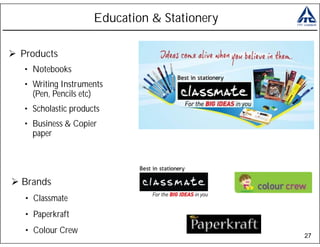 Education & Stationery

Products
• Notebooks
• Writing Instruments
  (Pen, Pencils etc)
• Scholastic products
• Business & Copier
  paper




Brands
• Classmate
• Paperkraft
• Colour Crew
                                            27
 