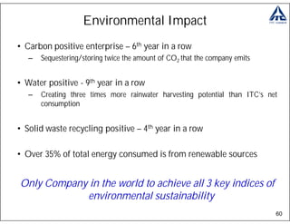Environmental Impact
• Carbon positive enterprise – 6th year in a row
   –   Sequestering/storing twice the amount of CO2 that the company emits


• Water positive - 9th year in a row
   –   Creating three times more rainwater harvesting potential than ITC’s net
       consumption


• Solid waste recycling positive – 4th year in a row

• Over 35% of total energy consumed is from renewable sources


Only Company in the world to achieve all 3 key indices of
            environmental sustainability
                                                                             60
 
