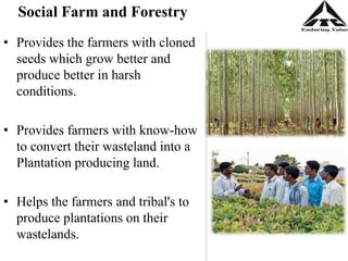 • Provides the farmers with cloned
seeds which grow better and
produce better in harsh
conditions.
• Provides farmers with know-how
to convert their wasteland into a
Plantation producing land.
• Helps the farmers and tribal's to
produce plantations on their
wastelands.
Social Farm and Forestry
 