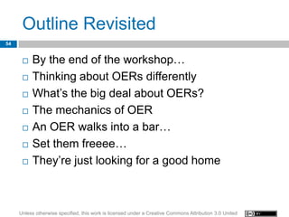 Outline Revisited
54


         By the end of the workshop…
         Thinking about OERs differently
         What’s the big deal about OERs?
         The mechanics of OER
         An OER walks into a bar…
         Set them freeee…
         They’re just looking for a good home



     Unless otherwise specified, this work is licensed under a Creative Commons Attribution 3.0 United
 