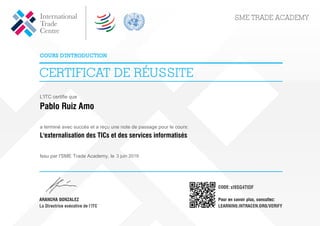 L'ITC certifie que
Pablo Ruiz Amo
a terminé avec succès et a reçu une note de passage pour le cours:
L'externalisation des TICs et des services informatisés
Issu par l'SME Trade Academy, le 3 juin 2019
xI9SG4TtDF
Powered by TCPDF (www.tcpdf.org)
 