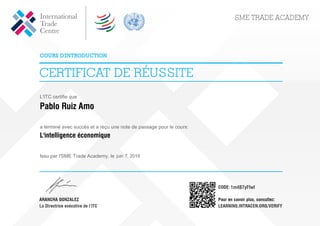 L'ITC certifie que
Pablo Ruiz Amo
a terminé avec succès et a reçu une note de passage pour le cours:
L'intelligence économique
Issu par l'SME Trade Academy, le juin 7, 2019
1m4B7yFfwf
Powered by TCPDF (www.tcpdf.org)
 