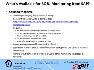cloud based
Application Performance Management
on Premises SAP Monitoring
What’s Available for BOBJ Monitoring from SAP?
•...