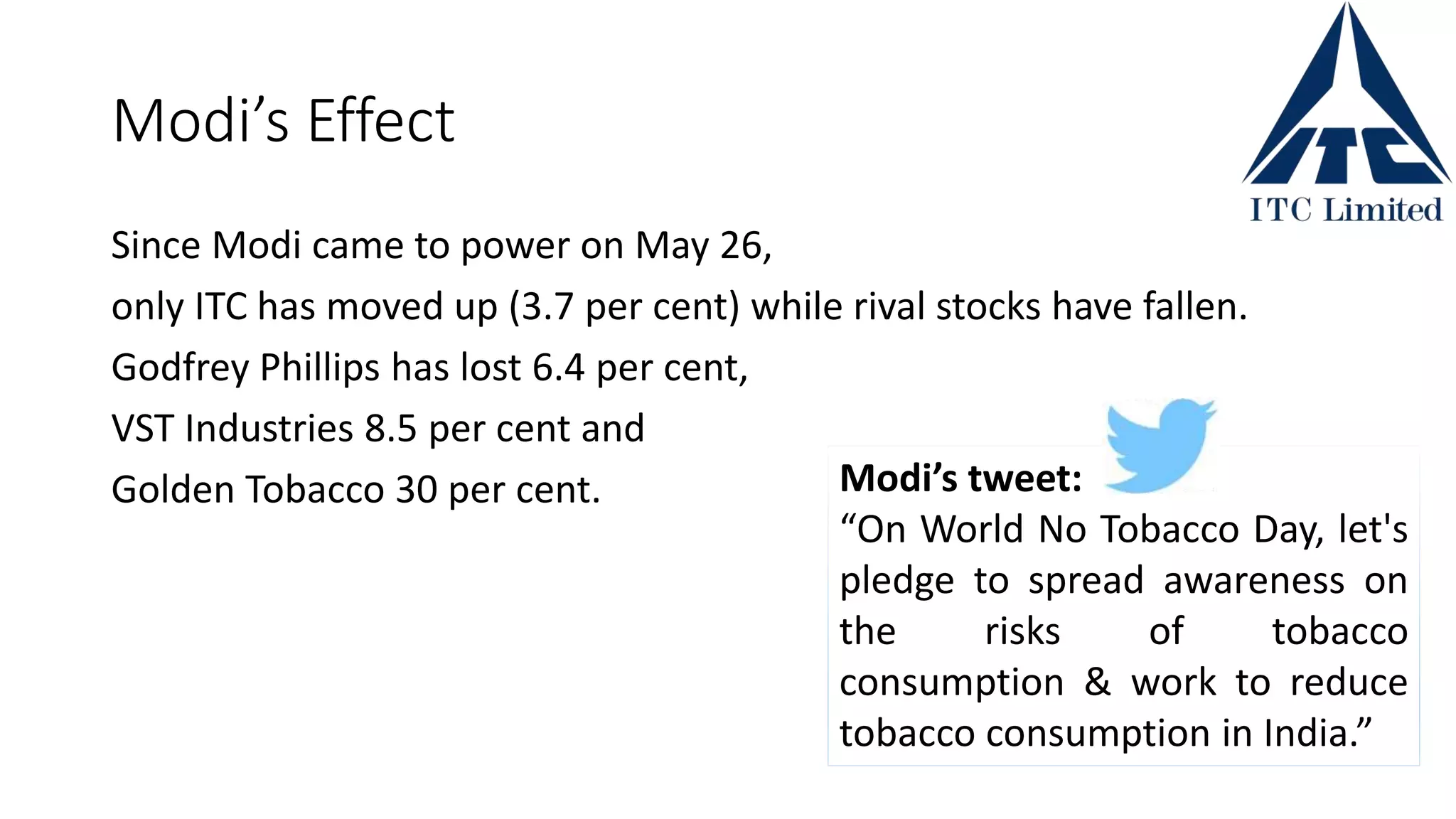 Modi’s Effect
Since Modi came to power on May 26,
only ITC has moved up (3.7 per cent) while rival stocks have fallen.
Godfrey Phillips has lost 6.4 per cent,
VST Industries 8.5 per cent and
Golden Tobacco 30 per cent. Modi’s tweet:
“On World No Tobacco Day, let's
pledge to spread awareness on
the risks of tobacco
consumption & work to reduce
tobacco consumption in India.”
 