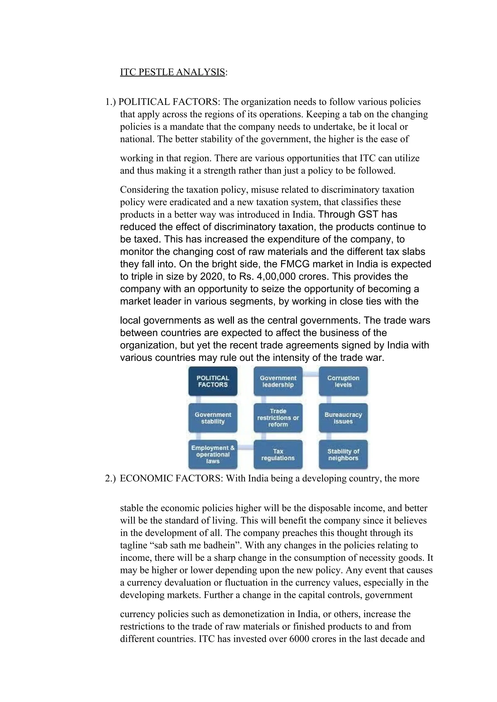 ITC PESTLE ANALYSIS:
1.) POLITICAL FACTORS: The organization needs to follow various policies
that apply across the regions of its operations. Keeping a tab on the changing
policies is a mandate that the company needs to undertake, be it local or
national. The better stability of the government, the higher is the ease of
working in that region. There are various opportunities that ITC can utilize
and thus making it a strength rather than just a policy to be followed.
Considering the taxation policy, misuse related to discriminatory taxation
policy were eradicated and a new taxation system, that classifies these
products in a better way was introduced in India. Through GST has
reduced the effect of discriminatory taxation, the products continue to
be taxed. This has increased the expenditure of the company, to
monitor the changing cost of raw materials and the different tax slabs
they fall into. On the bright side, the FMCG market in India is expected
to triple in size by 2020, to Rs. 4,00,000 crores. This provides the
company with an opportunity to seize the opportunity of becoming a
market leader in various segments, by working in close ties with the
local governments as well as the central governments. The trade wars
between countries are expected to affect the business of the
organization, but yet the recent trade agreements signed by India with
various countries may rule out the intensity of the trade war.
2.) ECONOMIC FACTORS: With India being a developing country, the more
stable the economic policies higher will be the disposable income, and better
will be the standard of living. This will benefit the company since it believes
in the development of all. The company preaches this thought through its
tagline “sab sath me badhein”. With any changes in the policies relating to
income, there will be a sharp change in the consumption of necessity goods. It
may be higher or lower depending upon the new policy. Any event that causes
a currency devaluation or fluctuation in the currency values, especially in the
developing markets. Further a change in the capital controls, government
currency policies such as demonetization in India, or others, increase the
restrictions to the trade of raw materials or finished products to and from
different countries. ITC has invested over 6000 crores in the last decade and
 