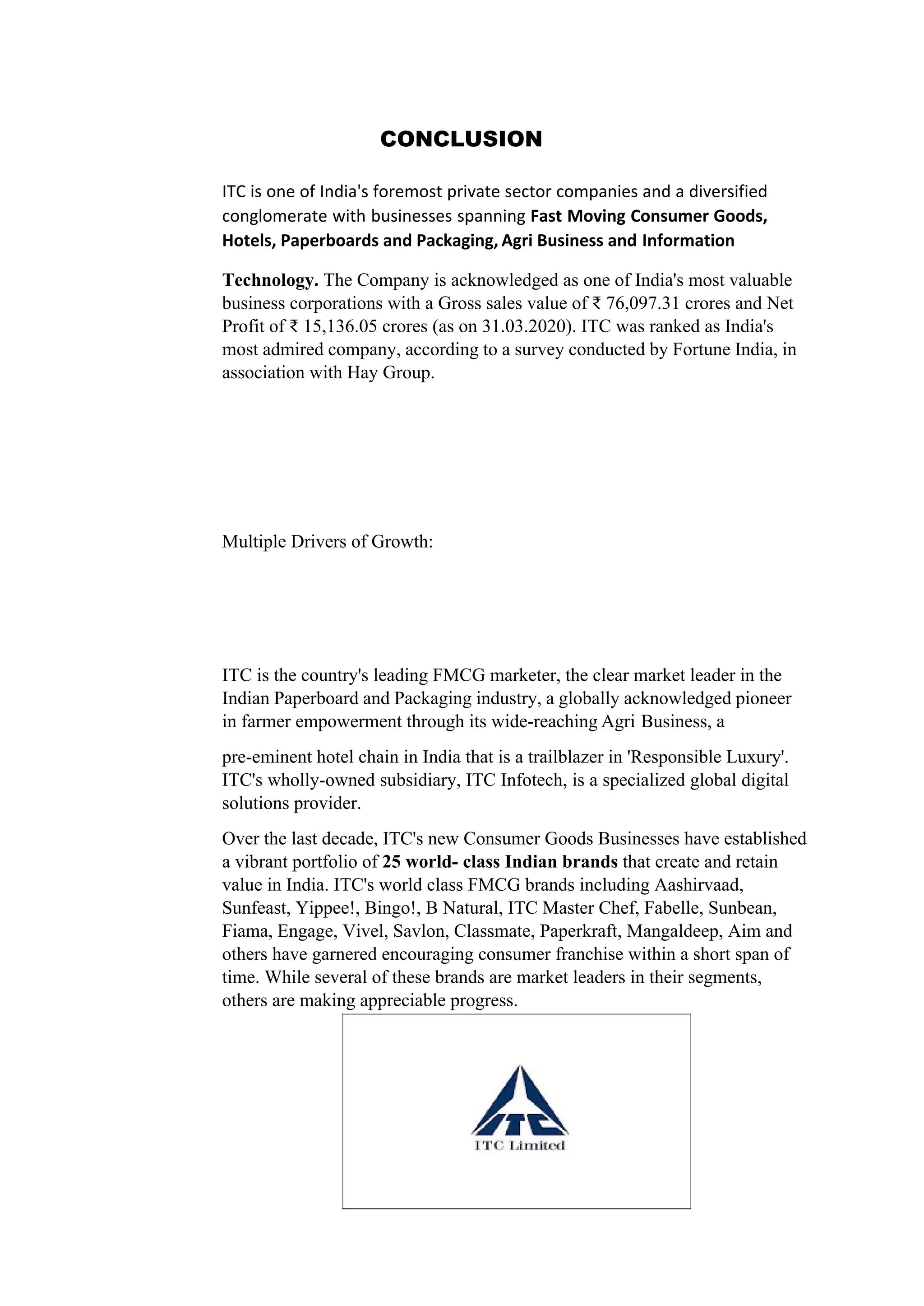 CONCLUSION
ITC is one of India's foremost private sector companies and a diversified
conglomerate with businesses spanning Fast Moving Consumer Goods,
Hotels, Paperboards and Packaging, Agri Business and Information
Technology. The Company is acknowledged as one of India's most valuable
business corporations with a Gross sales value of ₹ 76,097.31 crores and Net
Profit of ₹ 15,136.05 crores (as on 31.03.2020). ITC was ranked as India's
most admired company, according to a survey conducted by Fortune India, in
association with Hay Group.
Multiple Drivers of Growth:
ITC is the country's leading FMCG marketer, the clear market leader in the
Indian Paperboard and Packaging industry, a globally acknowledged pioneer
in farmer empowerment through its wide-reaching Agri Business, a
pre-eminent hotel chain in India that is a trailblazer in 'Responsible Luxury'.
ITC's wholly-owned subsidiary, ITC Infotech, is a specialized global digital
solutions provider.
Over the last decade, ITC's new Consumer Goods Businesses have established
a vibrant portfolio of 25 world- class Indian brands that create and retain
value in India. ITC's world class FMCG brands including Aashirvaad,
Sunfeast, Yippee!, Bingo!, B Natural, ITC Master Chef, Fabelle, Sunbean,
Fiama, Engage, Vivel, Savlon, Classmate, Paperkraft, Mangaldeep, Aim and
others have garnered encouraging consumer franchise within a short span of
time. While several of these brands are market leaders in their segments,
others are making appreciable progress.
 
