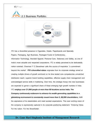 12 | P a g e
Dr. Gaur Hari Singhania Institute of Management Research
2.3 Business Portfolio:
ITC has a diversified presence in Cigarettes, Hotels, Paperboards and Specialty
Papers, Packaging, Agri-Business, Packaged Foods & Confectionery,
Information Technology, Branded Apparel, Personal Care, Stationery and Safety, as one of
India's most valuable and respected corporations, ITC is widely perceived to be dedicatedly
nation-oriented. Chairman Y C Deveshwar calls this source of inspiration "a commitment
beyond the market". ITC's diversified status originates from its corporate strategy aimed at
creating multiple drivers of growth anchored on its time-tested core competencies unmatched
distribution reach, superior brand-building capabilities, effective supply chain management and
acknowledged service skills in hoteliering. Over time, the strategic forays into new businesses
are expected to garner a significant share of these emerging high-growth markets in India.
ITC employs over 21,000 people at more than 60 locations across India. The
Company continuously endeavors to enhance its wealth generating capabilities in a
globalizing environment to consistently reward more than 3, 88,000 shareholders, fulfill
the aspirations of its stakeholders and meet societal expectations. This over-arching vision of
the company is expressively captured in its corporate positioning statement: "Enduring Value.
For the nation. For the Shareholder.
 