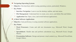  Navigating Operating Systems
• Objective: Develop basic skills in using operating systems, particularly Windows.
• Key Points:
• Interface Navigation: Learn to use the desktop, taskbar, and start menu.
• File Management: Understand how to create, save, move, and delete files and folders.
• Application Use: Open, close, and switch between applications.
 4. Basic Software Applications
• Objective: Gain proficiency in using essential software applications.
• Key Points:
• Word Processors: Create and edit text documents (e.g., Microsoft Word, Google
Docs).
• Spreadsheets: Handle data and perform calculations (e.g., Microsoft Excel, Google
Sheets).
• Presentation Software: Design and present visual content (e.g., Microsoft PowerPoint,
Google Slides).
 