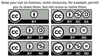 Keep your eye on licenses; some resources, for example, permit
you to share them, but not revise or remix them.
 