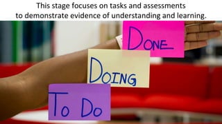 This stage focuses on tasks and assessments
to demonstrate evidence of understanding and learning.
 
