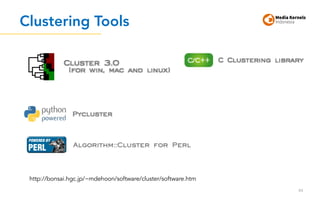 Clustering Tools
84
http://bonsai.hgc.jp/~mdehoon/software/cluster/software.htm
 