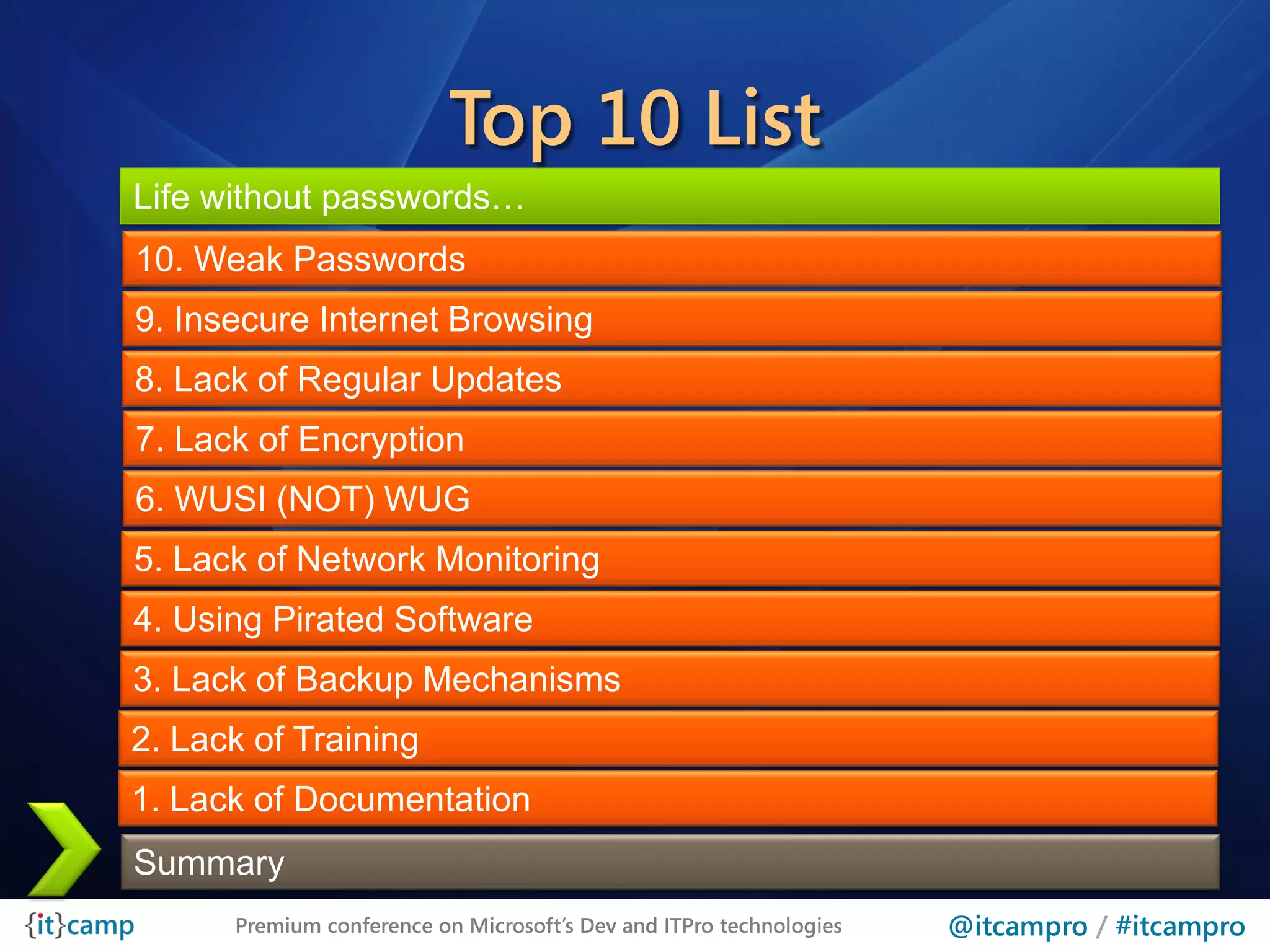 Top 10 List
Life without passwords…
10. Weak Passwords
9. Insecure Internet Browsing
8. Lack of Regular Updates
7. Lack of Encryption
6. WUSI (NOT) WUG
5. Lack of Network Monitoring
4. Using Pirated Software
3. Lack of Backup Mechanisms
2. Lack of Training
1. Lack of Documentation
Summary
      Premium conference on Microsoft’s Dev and ITPro technologies   @itcampro / #itcampro
 