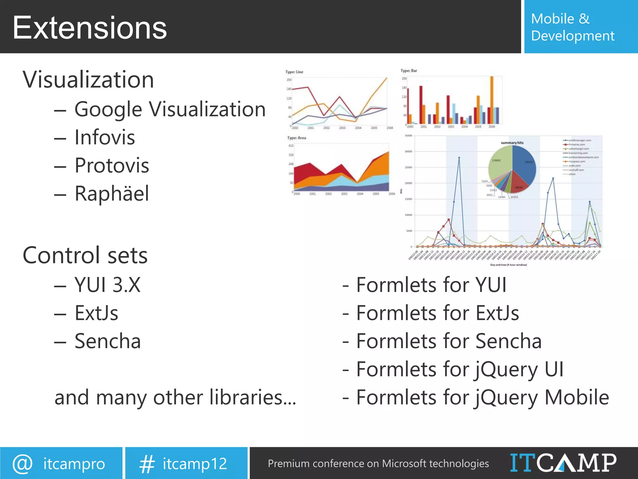Mobile &
Extensions                                                                     Development


Visualization
     –   Google Visualization
     –   Infovis
     –   Protovis
     –   Raphäel

Control sets
     – YUI 3.X                                - Formlets for YUI
     – ExtJs                                  - Formlets for ExtJs
     – Sencha                                 - Formlets for Sencha
                                              - Formlets for jQuery UI
     and many other libraries...              - Formlets for jQuery Mobile


@   itcampro   # itcamp12       Premium conference on Microsoft technologies
 