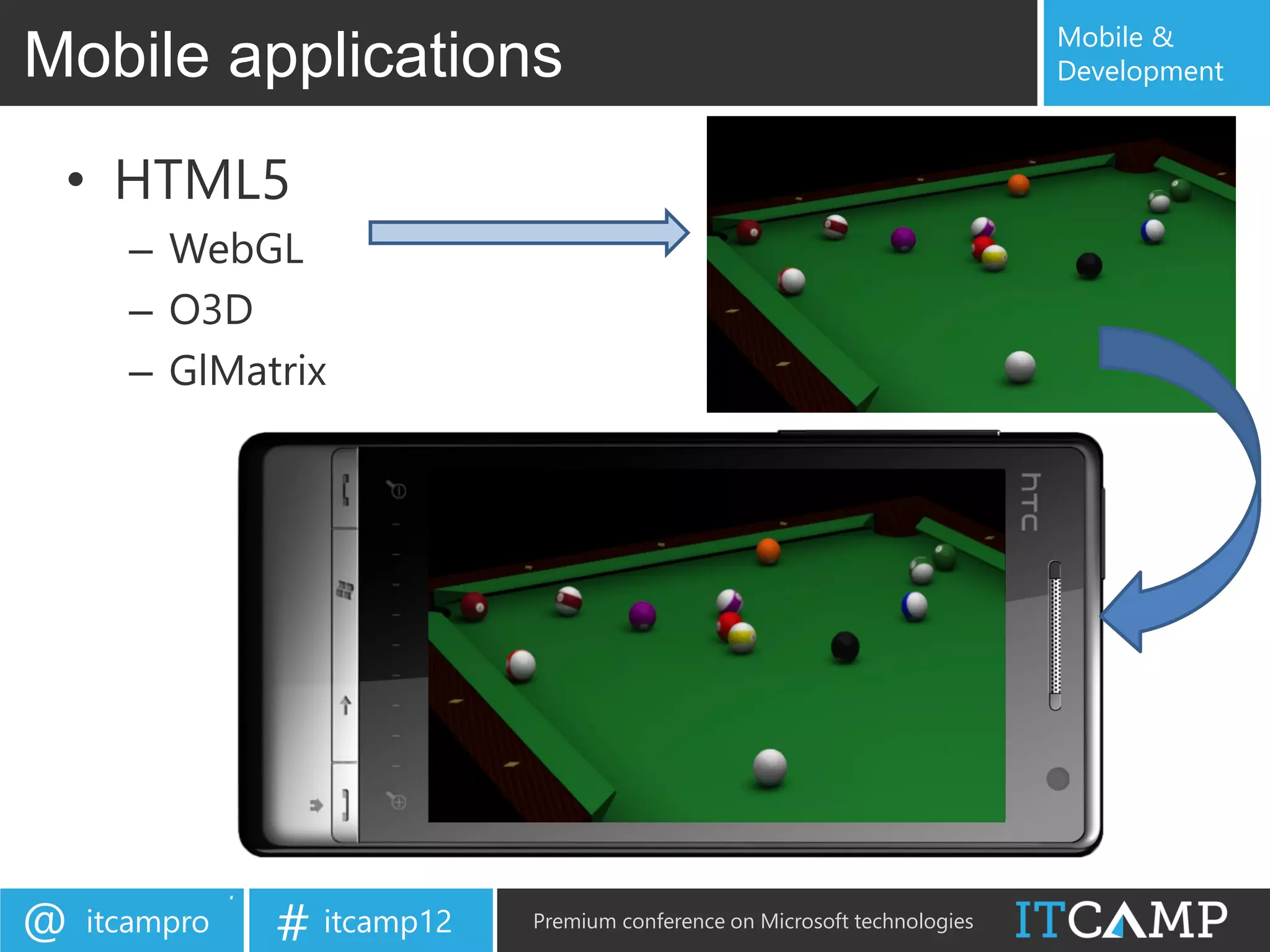 Mobile &
Mobile applications                                                        Development



 • HTML5
      – WebGL
      – O3D
      – GlMatrix




@   itcampro   # itcamp12   Premium conference on Microsoft technologies
 