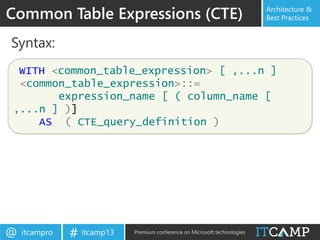 itcampro@ itcamp13# Premium conference on Microsoft technologies
Architecture &
Best Practices
Syntax:
Common Table Expressions (CTE)
WITH <common_table_expression> [ ,...n ]
<common_table_expression>::=
expression_name [ ( column_name [
,...n ] )]
AS ( CTE_query_definition )
 