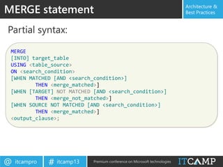 itcampro@ itcamp13# Premium conference on Microsoft technologies
Architecture &
Best Practices
Partial syntax:
MERGE statement
MERGE
[INTO] target_table
USING <table_source>
ON <search_condition>
[WHEN MATCHED [AND <search_condition>]
THEN <merge_matched>]
[WHEN [TARGET] NOT MATCHED [AND <search_condition>]
THEN <merge_not_matched>]
[WHEN SOURCE NOT MATCHED [AND <search_condition>]
THEN <merge_matched>]
<output_clause>;
 