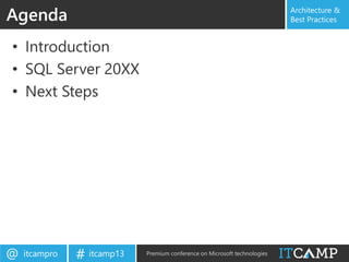 itcampro@ itcamp13# Premium conference on Microsoft technologies
Architecture &
Best Practices
• Introduction
• SQL Server 20XX
• Next Steps
Agenda
 