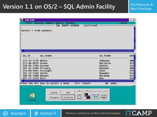 itcampro@ itcamp13# Premium conference on Microsoft technologies
Architecture &
Best PracticesVersion 1.1 on OS/2 – SQL Admin Facility
 