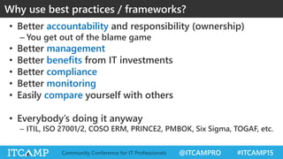 @ITCAMPRO #ITCAMP15Community Conference for IT Professionals
• Better accountability and responsibility (ownership)
– You get out of the blame game
• Better management
• Better benefits from IT investments
• Better compliance
• Better monitoring
• Easily compare yourself with others
• Everybody’s doing it anyway
– ITIL, ISO 27001/2, COSO ERM, PRINCE2, PMBOK, Six Sigma, TOGAF, etc.
Why use best practices / frameworks?
 