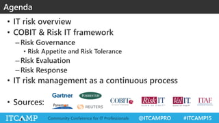 @ITCAMPRO #ITCAMP15Community Conference for IT Professionals
• IT risk overview
• COBIT & Risk IT framework
–Risk Governance
• Risk Appetite and Risk Tolerance
–Risk Evaluation
–Risk Response
• IT risk management as a continuous process
• Sources:
Agenda
 