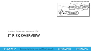 @ITCAMPRO #ITCAMP15Community Conference for IT Professionals
IT RISK OVERVIEW
Business risk related to the use of IT
Image source: coolrisk.com / Artist: Michael Mittag
 