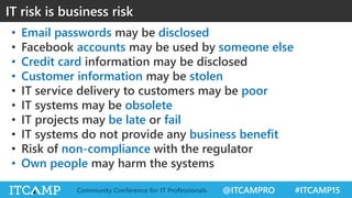 @ITCAMPRO #ITCAMP15Community Conference for IT Professionals
• Email passwords may be disclosed
• Facebook accounts may be used by someone else
• Credit card information may be disclosed
• Customer information may be stolen
• IT service delivery to customers may be poor
• IT systems may be obsolete
• IT projects may be late or fail
• IT systems do not provide any business benefit
• Risk of non-compliance with the regulator
• Own people may harm the systems
IT risk is business risk
 