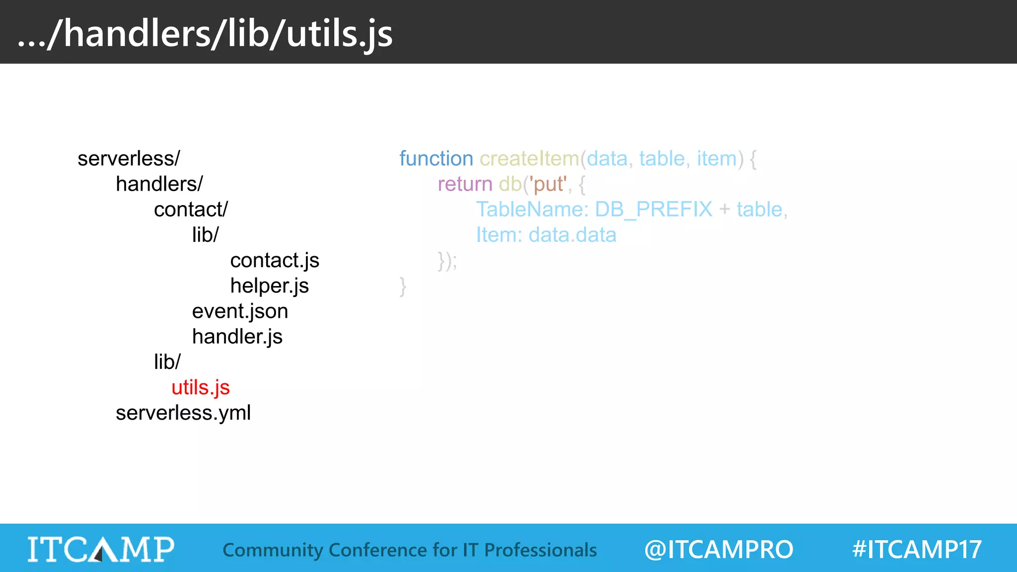 @ITCAMPRO #ITCAMP17Community Conference for IT Professionals function createItem(data, table, item) { return db('put', { TableName: DB_PREFIX + table, Item: data.data }); } …/handlers/lib/utils.js serverless/ handlers/ contact/ lib/ contact.js helper.js event.json handler.js lib/ utils.js serverless.yml 