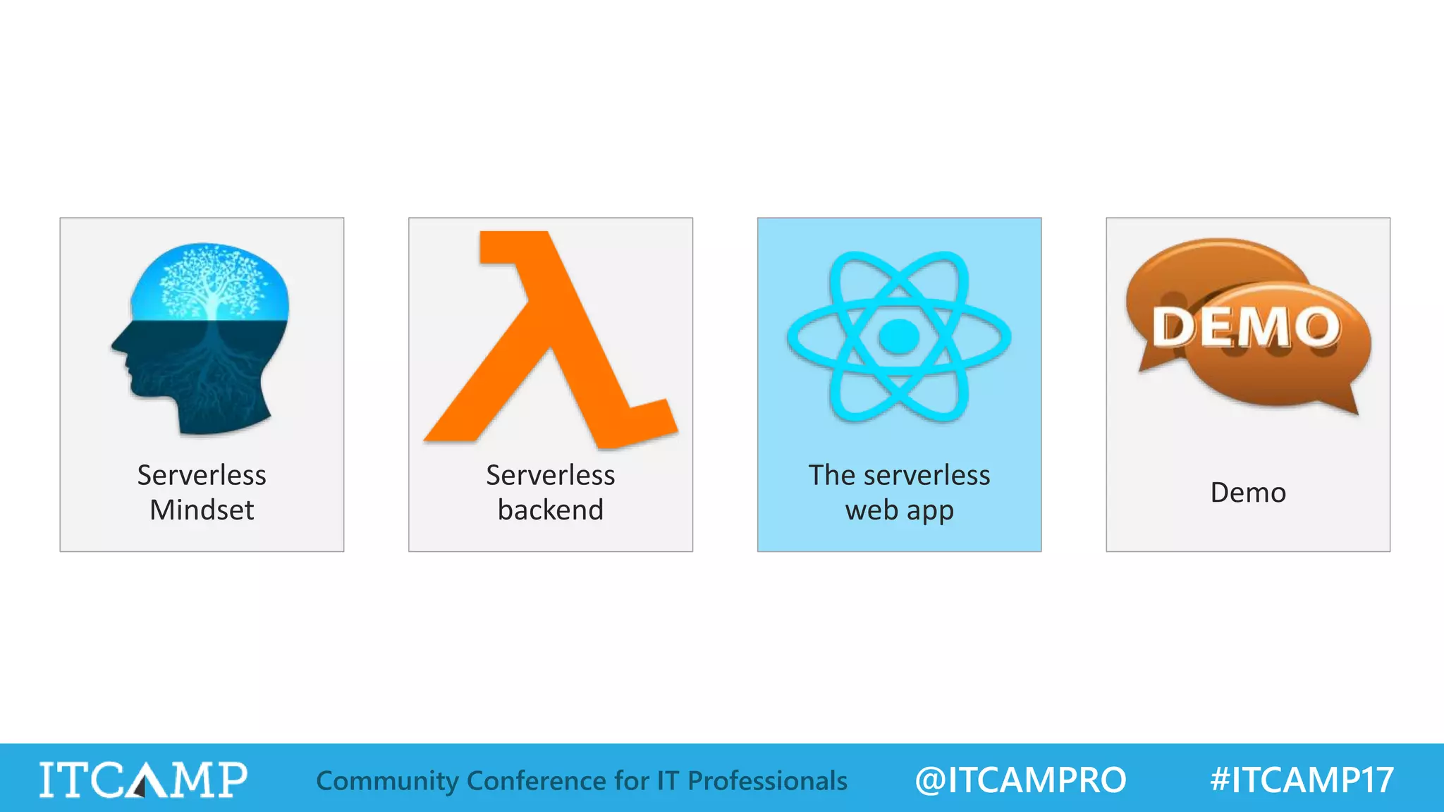 @ITCAMPRO #ITCAMP17Community Conference for IT Professionals Serverless Mindset Serverless backend The serverless web app Demo 