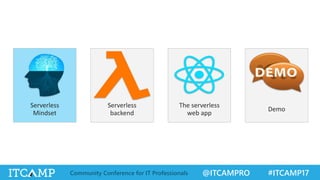@ITCAMPRO #ITCAMP17Community Conference for IT Professionals
Serverless
Mindset
Serverless
backend
The serverless
web app
...