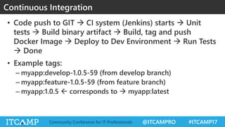 @ITCAMPRO #ITCAMP17Community Conference for IT Professionals
• Code push to GIT  CI system (Jenkins) starts  Unit
tests  Build binary artifact  Build, tag and push
Docker Image  Deploy to Dev Environment  Run Tests
 Done
Continuous Integration
• Example tags:
– myapp:develop-1.0.5-59 (from develop branch)
– myapp:feature-1.0.5-59 (from feature branch)
– myapp:1.0.5  corresponds to  myapp:latest
 