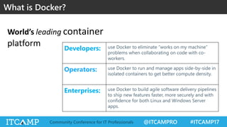 @ITCAMPRO #ITCAMP17Community Conference for IT Professionals
What is Docker?
Developers: use Docker to eliminate “works on...