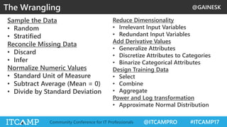 @GAINESK
@ITCAMPRO #ITCAMP17Community Conference for IT Professionals
Sample the Data
• Random
• Stratified
Reconcile Missing Data
• Discard
• Infer
Normalize Numeric Values
• Standard Unit of Measure
• Subtract Average (Mean = 0)
• Divide by Standard Deviation
The Wrangling
Reduce Dimensionality
• Irrelevant Input Variables
• Redundant Input Variables
Add Derivative Values
• Generalize Attributes
• Discretize Attributes to Categories
• Binarize Categorical Attributes
Design Training Data
• Select
• Combine
• Aggregate
Power and Log transformation
• Approximate Normal Distribution
 