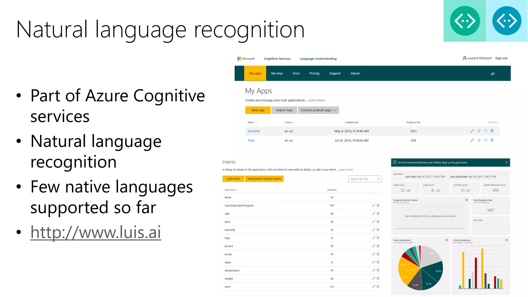Natural language recognition
• Part of Azure Cognitive
services
• Natural language
recognition
• Few native languages
supported so far
• http://www.luis.ai
 