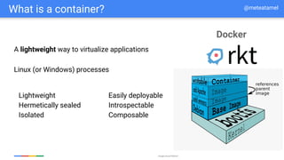 Google Cloud Platform
What is a container?
Lightweight
Hermetically sealed
Isolated
Easily deployable
Introspectable
Composable
Linux (or Windows) processes
A lightweight way to virtualize applications
@meteatamel
Docker
 