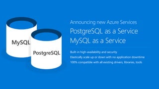 PostgreSQL as a Service
MySQL as a Service
Built-in high-availability and security
Elastically scale up or down with no application downtime
100% compatible with all existing drivers, libraries, tools
Announcing new Azure Services
MySQL
PostgreSQL
 