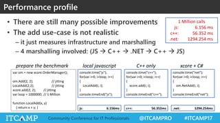 @ITCAMPRO #ITCAMP17Community Conference for IT Professionals
Performance profile
• There are still many possible improvements
• The add use-case is not realistic
– it just measures infrastructure and marshalling
– 4 marshalling involved: (JS  C++  .NET  C++  JS)
1 Million calls
js: 6.156 ms
c++: 56.352 ms
.net: 1294.254 ms
console.time("net");
for(var i=0; i<loop; i++)
{
om.NetAdd(i, i);
}
console.timeEnd("net");
console.time("c++");
for(var i=0; i<loop; i++)
{
xcore.add(i, i);
}
console.timeEnd("c++");
console.time("js");
for(var i=0; i<loop; i++)
{
LocalAdd(i, i);
}
console.timeEnd("js");
js: 6.156ms c++: 56.352ms .net: 1294.254ms
var om = new xcore.OrderManager();
om.Add(2, 2); // jitting
LocalAdd(2,2); // jitting
xcore.add(2, 2); // jitting
var loop = 1000000; // 1 Million
function LocalAdd(x, y)
{ return x + y; }
prepare the benchmark local javascript C++ only xcore + C#
 
