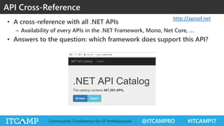 @ITCAMPRO #ITCAMP17Community Conference for IT Professionals
API Cross-Reference
• A cross-reference with all .NET APIs
– ...